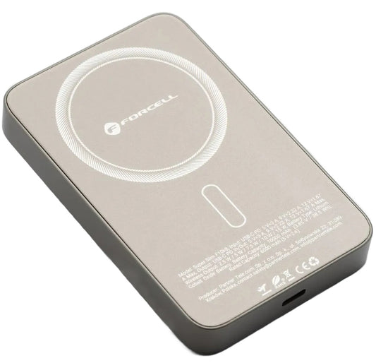 Ekstern trådløs batteri Forcell F5K8, 5000mAh, 15W, PD + FQI, 1 x QI - 1 x USB-C, Gull
