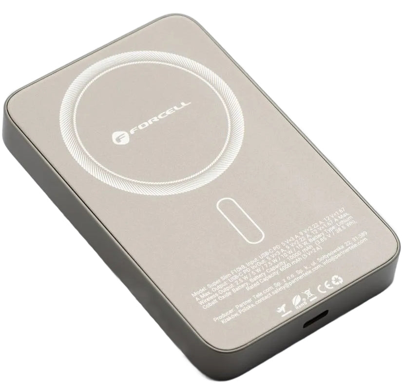 Ekstern trådløs batteri Forcell F10K8, 10000mAh, 15W, PD + FQI, 1 x QI - 1 x USB-C, Gull