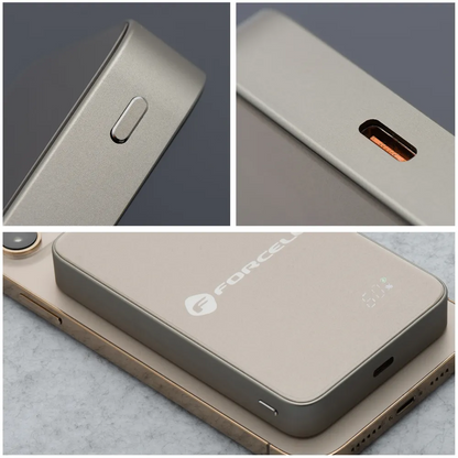 Ekstern trådløs batteri Forcell F5K8, 5000mAh, 15W, PD + FQI, 1 x QI - 1 x USB-C, Gull