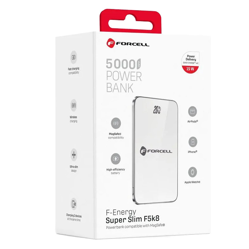 Ekstern trådløs batteri Forcell F5K8, 5000mAh, 15W, PD + FQI, 1 x QI - 1 x USB-C, Hvit