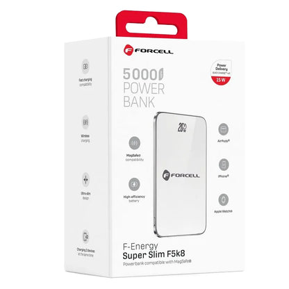 Ekstern trådløs batteri Forcell F5K8, 5000mAh, 15W, PD + FQI, 1 x QI - 1 x USB-C, Hvit
