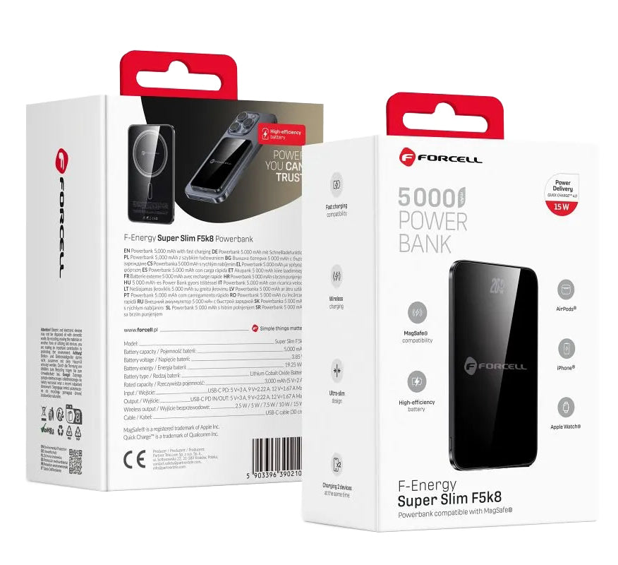 Ekstern trådløs batteri Forcell F5K8, 5000mAh, 15W, PD + FQI, 1 x QI - 1 x USB-C, Svart