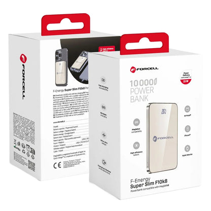 Ekstern trådløs batteri Forcell F10K8, 10000mAh, 15W, PD + FQI, 1 x QI - 1 x USB-C, Gull