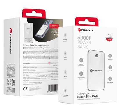 Ekstern trådløs batteri Forcell F5K8, 5000mAh, 15W, PD + FQI, 1 x QI - 1 x USB-C, Hvit