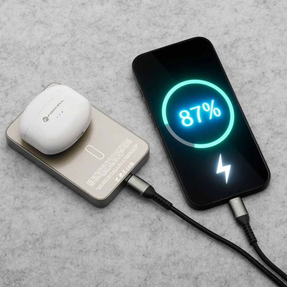 Ekstern trådløs batteri Forcell F5K8, 5000mAh, 15W, PD + FQI, 1 x QI - 1 x USB-C, Gull
