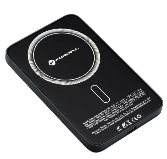 Ekstern trådløs batteri Forcell F5K8, 5000mAh, 15W, PD + FQI, 1 x QI - 1 x USB-C, Svart