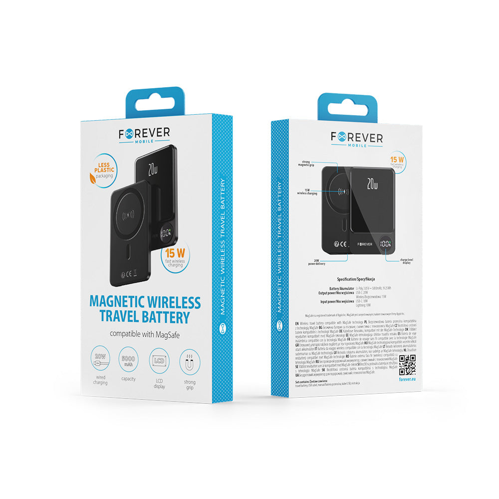 Ekstern trådløs batteri Forever MATB-200, 5000mAh, 20W, PD + FQI, 1 x QI - 1 x USB-C, Svart