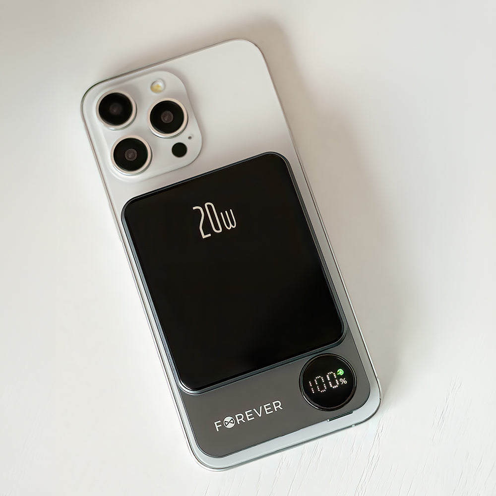 Ekstern trådløs batteri Forever MATB-200, 5000mAh, 20W, PD + FQI, 1 x QI - 1 x USB-C, Svart