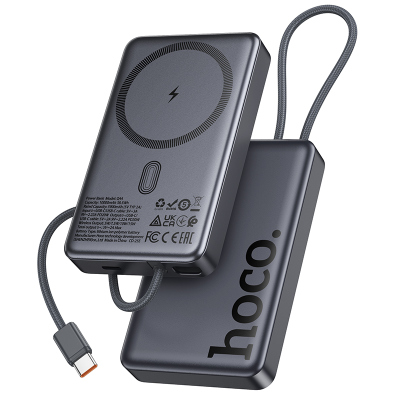 Trådløs Ekstern Batteri HOCO Q44, 10000mAh, 20W, PD + FQI, 1 x QI - 2 x USB-C, Grå