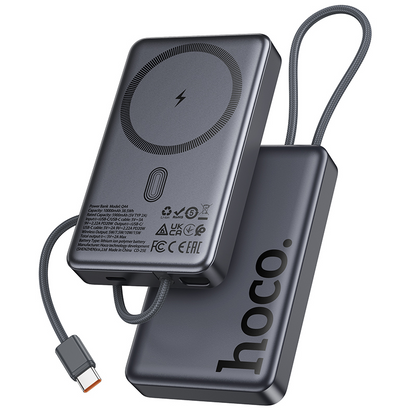 Trådløs Ekstern Batteri HOCO Q44, 10000mAh, 20W, PD + FQI, 1 x QI - 2 x USB-C, Grå