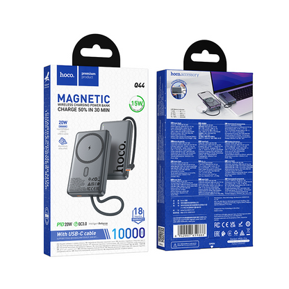 Trådløs Ekstern Batteri HOCO Q44, 10000mAh, 20W, PD + FQI, 1 x QI - 2 x USB-C, Grå
