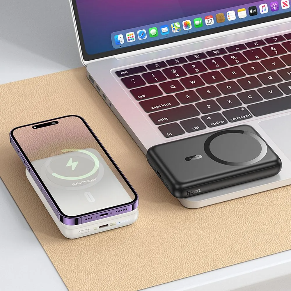 Ekstern trådløs batteri HOCO J141, 10000mAh, 20W, PD + FQI, 1 x QI - 1 x USB-C, Svart