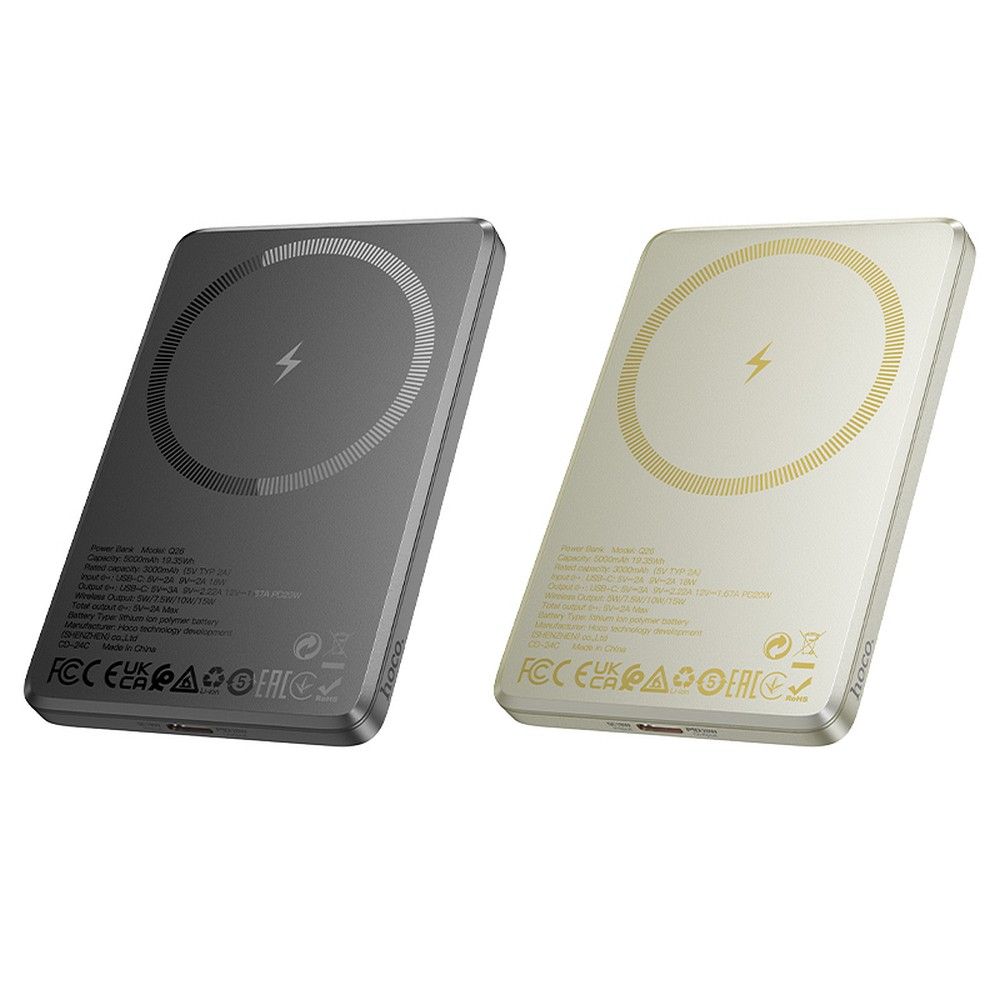 Trådløs Ekstern Batteri HOCO Q26, 5000mAh, 20W, PD + FQI, 1 x QI - 1 x USB-C, Grå