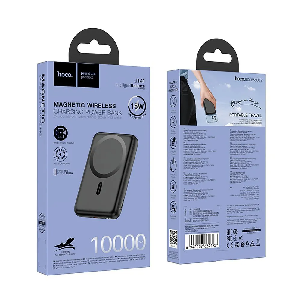 Ekstern trådløs batteri HOCO J141, 10000mAh, 20W, PD + FQI, 1 x QI - 1 x USB-C, Svart
