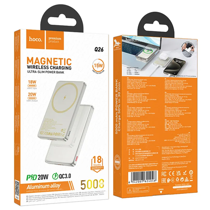 Trådløs ekstern batteri HOCO Q26, 5000mAh, 20W, PD + FQI, 1 x QI - 1 x USB-C, Oransje