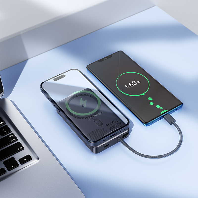 Trådløs Ekstern Batteri HOCO Q44, 10000mAh, 20W, PD + FQI, 1 x QI - 2 x USB-C, Grå