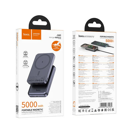 Trådløs Ekstern Batteri HOCO J160, 5000mAh, 10W, 1 x QI - 1 x USB-C, Grå