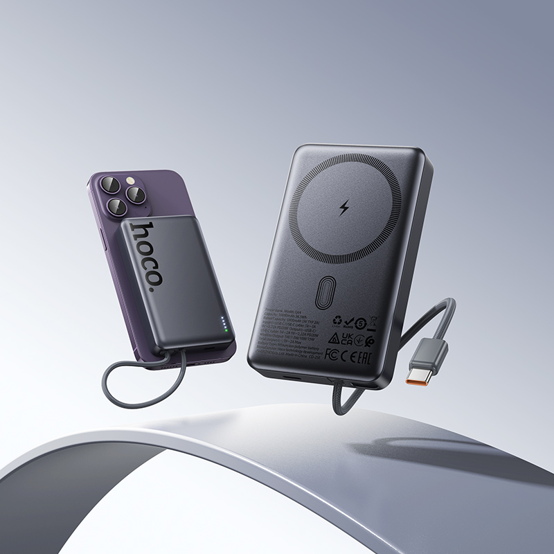 Trådløs Ekstern Batteri HOCO Q44, 10000mAh, 20W, PD + FQI, 1 x QI - 2 x USB-C, Grå
