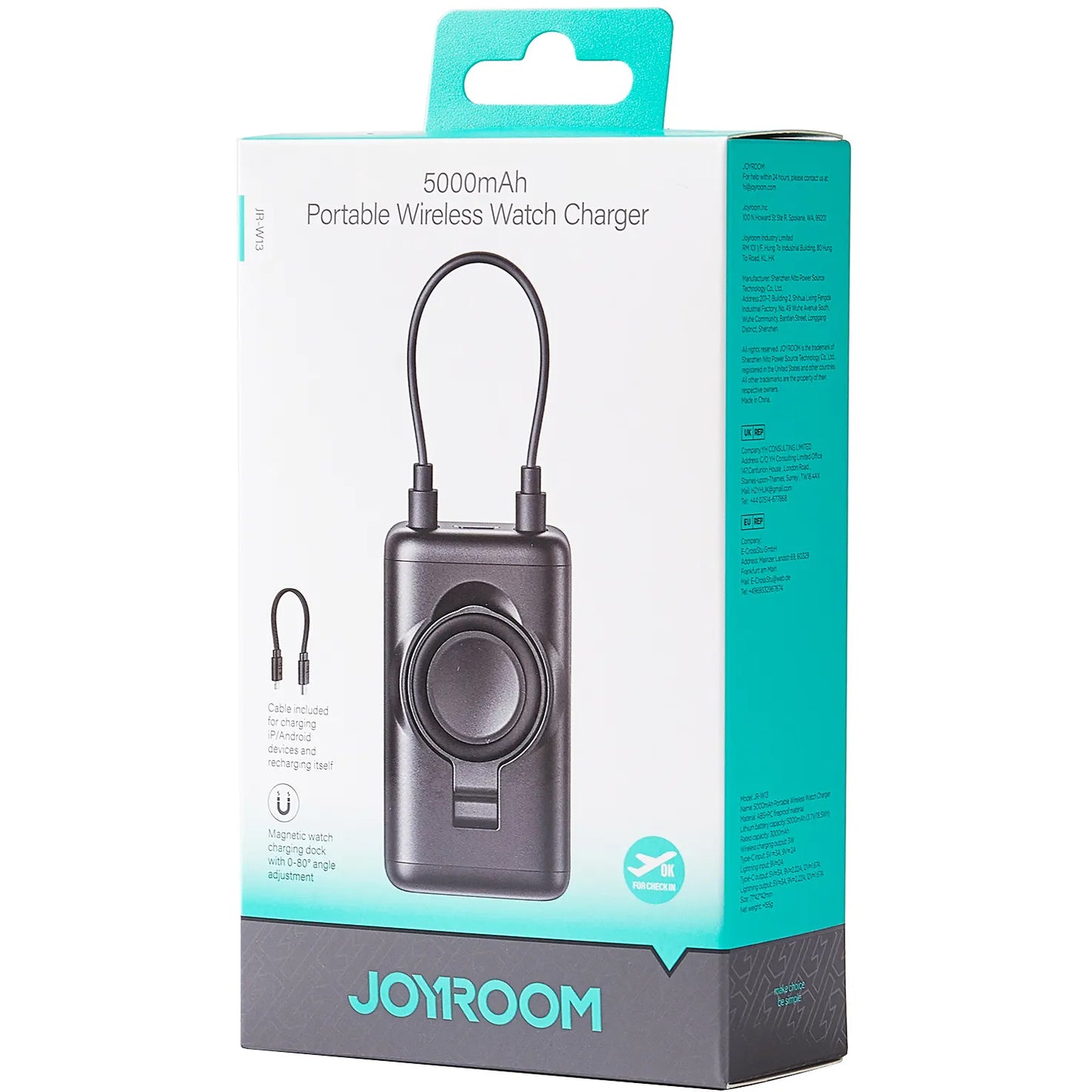 Ekstern trådløs batteri Joyroom JR-W13, 5000mAh, 18W, PD + QI, 1 x Lightning - 1 x QI - 1 x USB-C, Svart