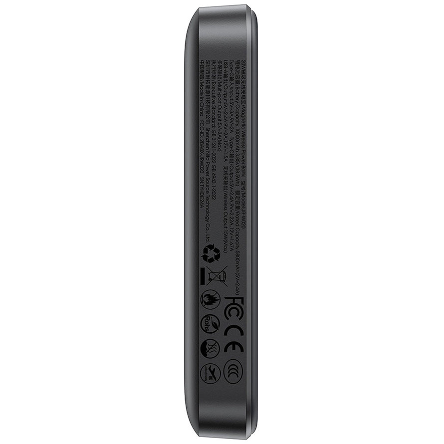 Ekstern trådløs batteri Joyroom JR-W020, 10000mAh, 20W, QC + PD + FQI, 1 x QI - 1 x USB-A - 1 x USB-C, Svart