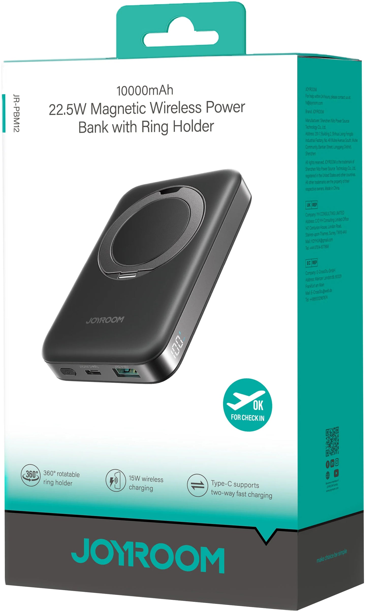Ekstern trådløs batteri Joyroom JR-PBM12, 10000mAh, 22.5W, QC + PD + FQI, 1 x QI - 1 x USB-A - 1 x USB-C, Svart