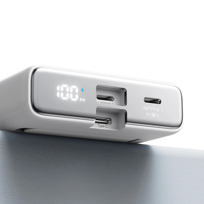 Ekstern trådløs batteri Joyroom JR-PBM01, 10000mAh, 20W, QC + PD + FQI, 1 x Lightning - 1 x QI - 1 x USB-C, Hvit