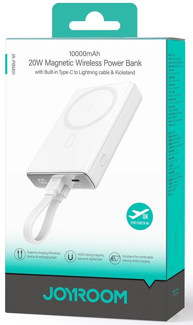 Ekstern trådløs batteri Joyroom JR-PBM01, 10000mAh, 20W, QC + PD + FQI, 1 x Lightning - 1 x QI - 1 x USB-C, Hvit