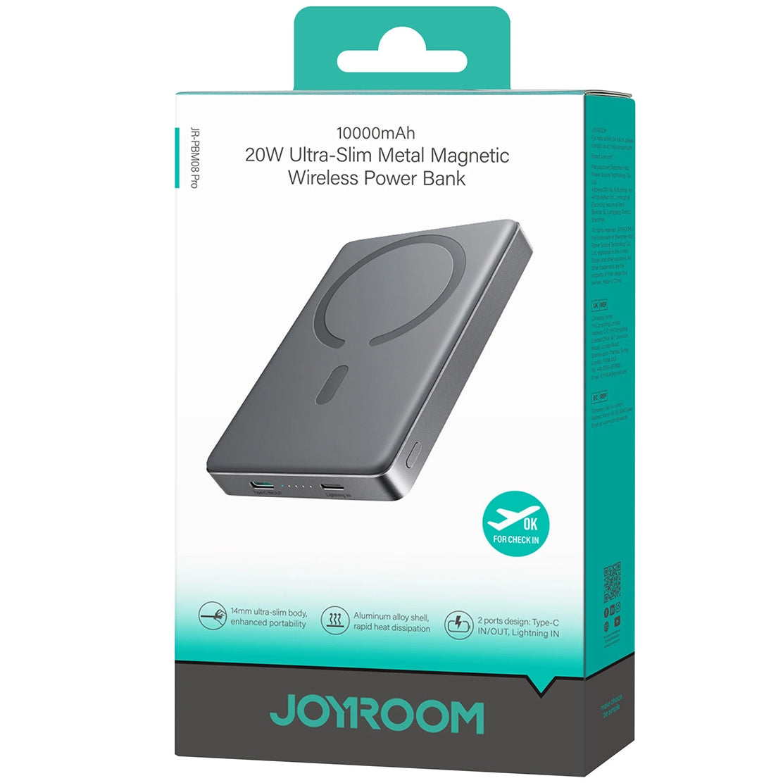 Ekstern trådløs batteri Joyroom JR-PBM08 Pro, 10000mAh, 20W, PD + FQI, 1 x QI - 1 x USB-C, Grå