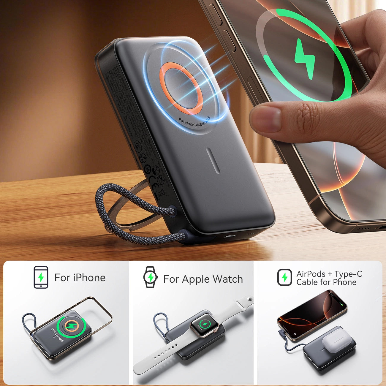 Ekstern trådløs batteri Joyroom JR-PBM02, 10000mAh, 22.5W, PD + FQI, 1 x QI - 2 x USB-C, Svart