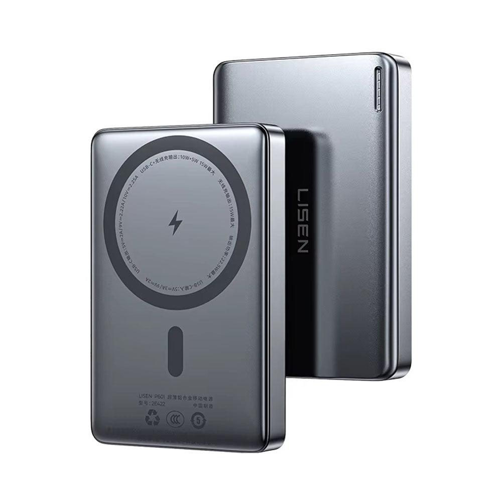 Trådløs ekstern batteri Lisen L601 Pro, 10000mAh, 27W, PD + FQI, 1 x QI - 1 x USB-C, Grå YL0325100009
