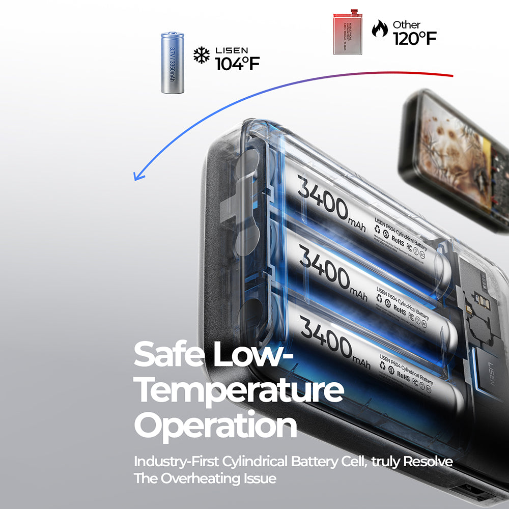 Trådløs Ekstern Batteri Lisen P604, 10000mAh, 65W, QC + PD + FQI, 1 x QI - 1 x USB-A - 1 x USB-C, Svart
