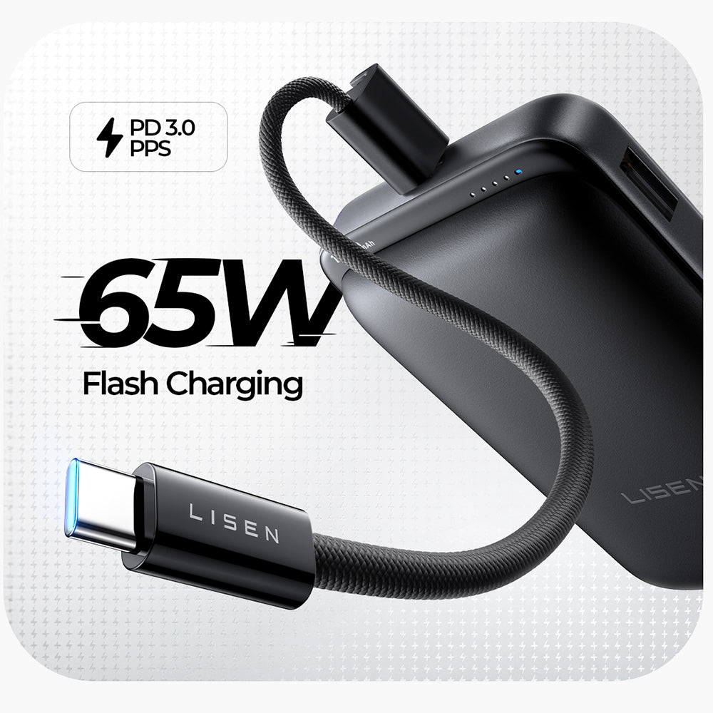 Trådløs Ekstern Batteri Lisen P604, 10000mAh, 65W, QC + PD + FQI, 1 x QI - 1 x USB-A - 1 x USB-C, Svart