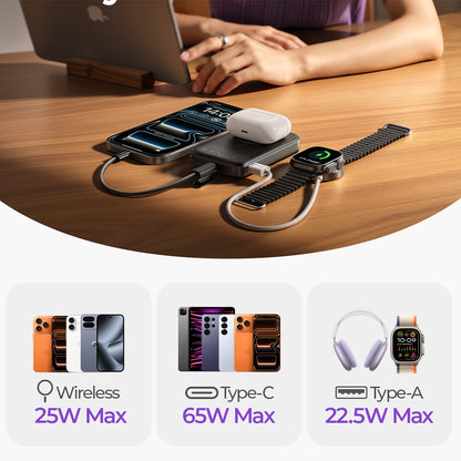 Trådløs Ekstern Batteri Lisen P604, 10000mAh, 65W, QC + PD + FQI, 1 x QI - 1 x USB-A - 1 x USB-C, Svart