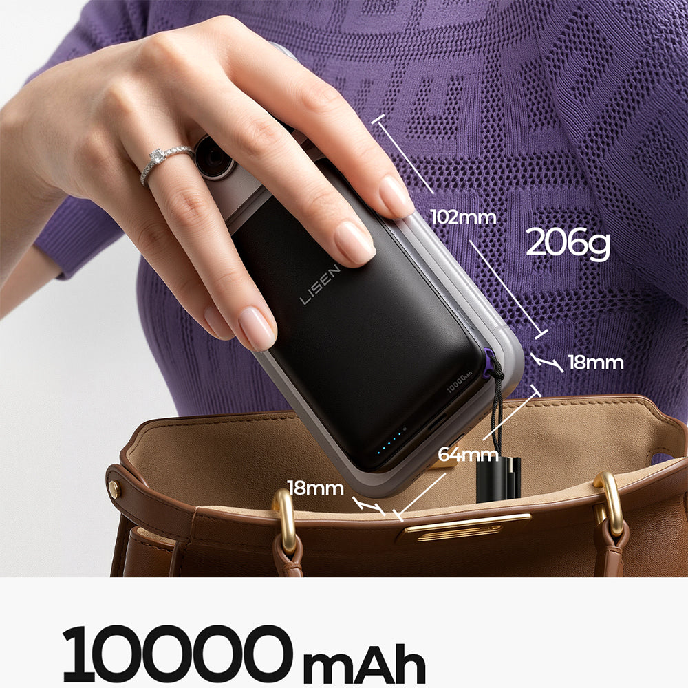 Trådløs Ekstern Batteri Lisen P604, 10000mAh, 65W, QC + PD + FQI, 1 x QI - 1 x USB-A - 1 x USB-C, Svart
