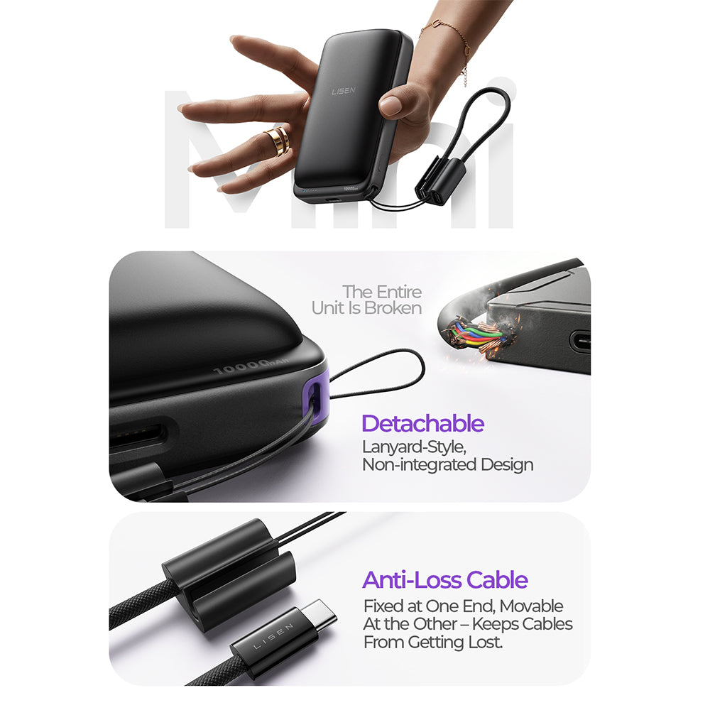 Trådløs Ekstern Batteri Lisen P604, 10000mAh, 65W, QC + PD + FQI, 1 x QI - 1 x USB-A - 1 x USB-C, Svart