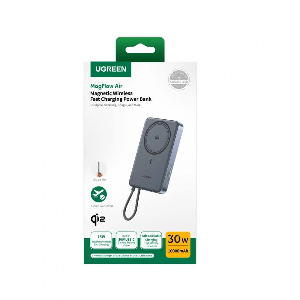 UGREEN PB570 trådløs powerbank (75982B), 10 000 mAh, 30 W, PD + FQI, 1 x Qi – 2 x USB-C, grå