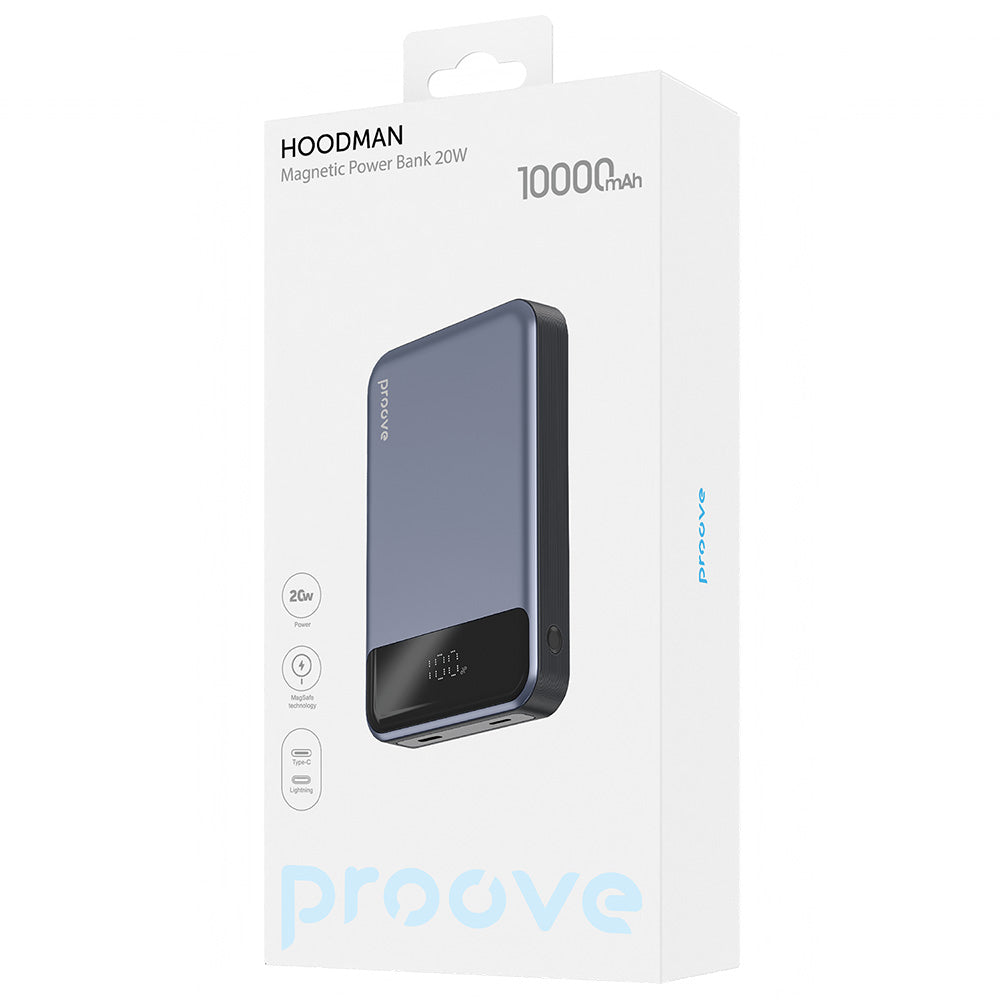 Trådløs Ekstern Batteri Proove Hoodman, 10000mAh, 20W, PD + FQI, 1 x QI - 1 x USB-C, Grå PBH120010003