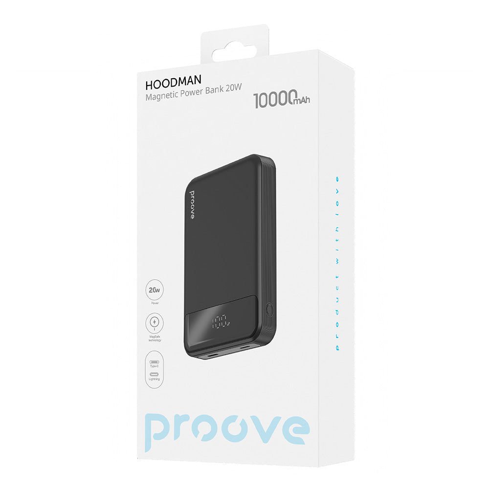 Trådløs Ekstern Batteri Proove Hoodman, 10000mAh, 20W, PD + FQI, 1 x QI - 1 x USB-C, Svart PBH120010001