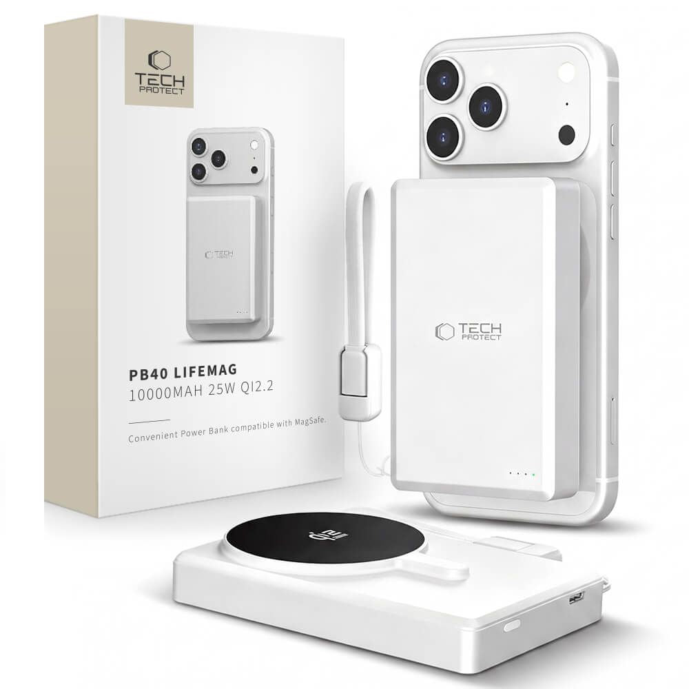 Trådløs ekstern batteri Tech-Protect PB40 LifeMag, 10000mAh, 25W, PD + FQI, 1 x QI - 1 x USB-C, Sølv