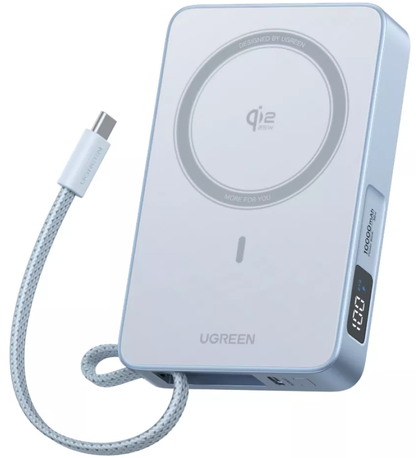 Trådløs ekstern batteri UGREEN MagFlow PB773 (65958), 10000mAh, 25W, PD + FQI, 1 x QI - 2 x USB-C, Blå