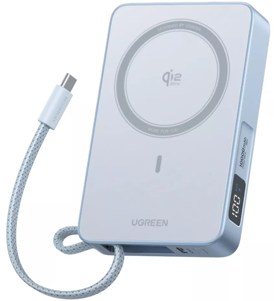 Trådløs ekstern batteri UGREEN MagFlow PB773 (65958), 10000mAh, 25W, PD + FQI, 1 x QI - 2 x USB-C, Blå