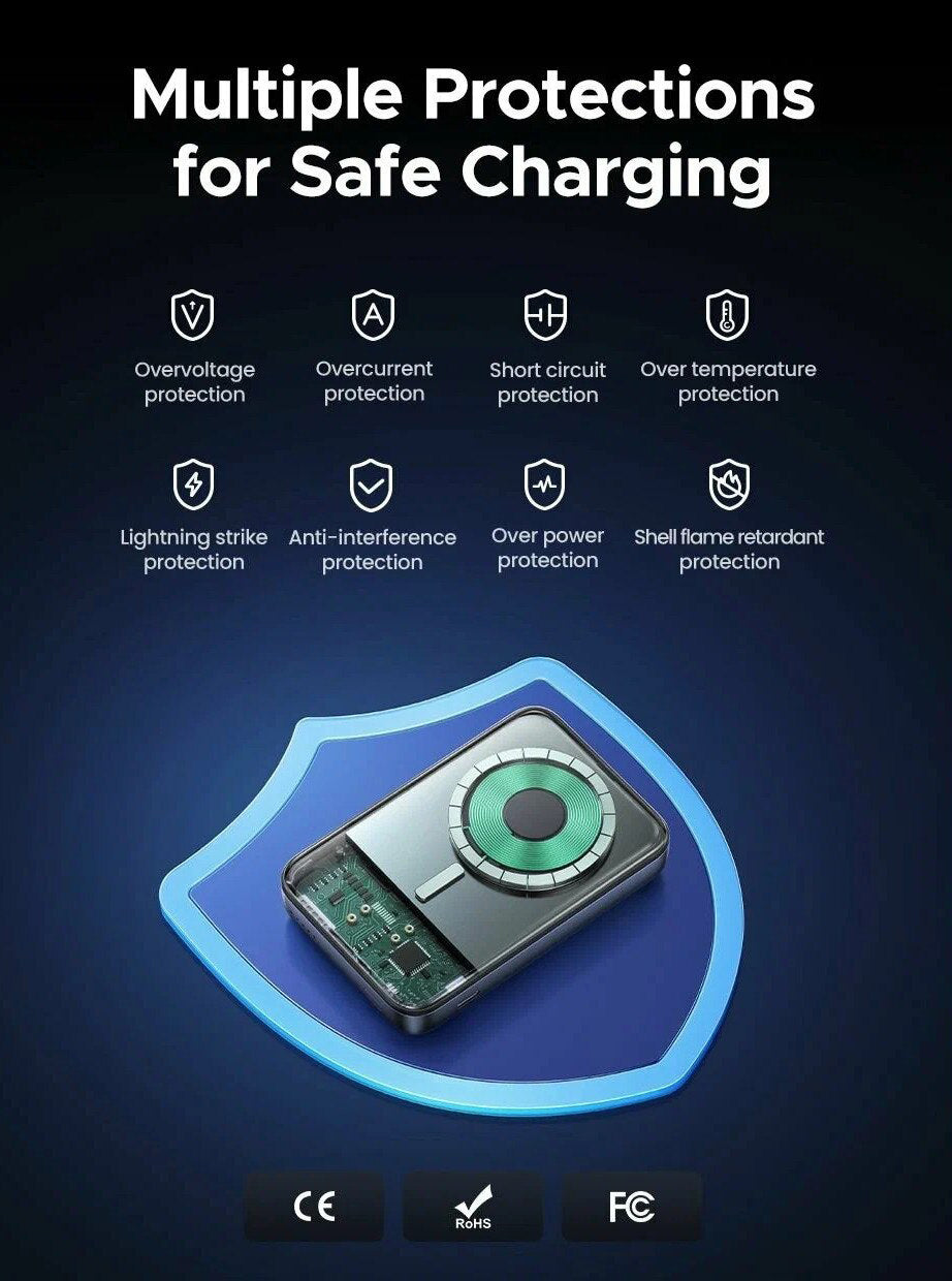 Ekstern trådløs batteri UGREEN PB562, 10000mAh, 20W, PD + FQI, 1 x QI - 1 x USB-C, Svart