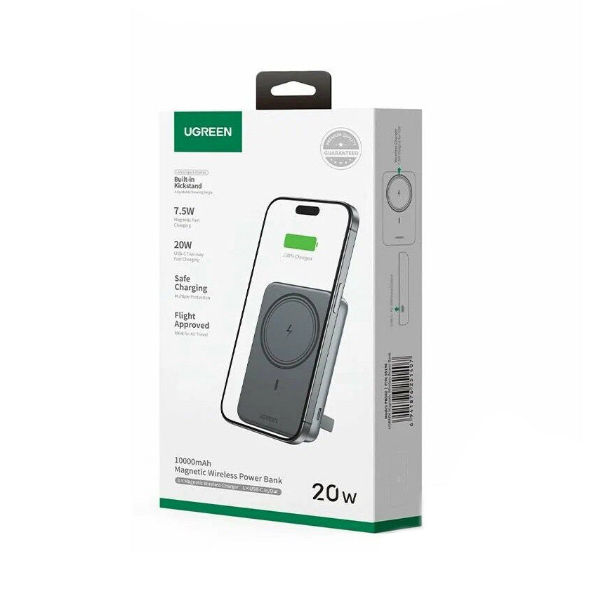 Ekstern trådløs batteri UGREEN PB562, 10000mAh, 20W, PD + FQI, 1 x QI - 1 x USB-C, Svart