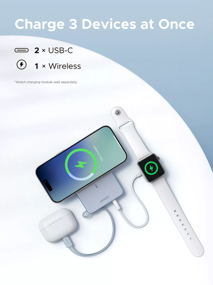 Trådløs ekstern batteri UGREEN MagFlow PB773 (65958), 10000mAh, 25W, PD + FQI, 1 x QI - 2 x USB-C, Blå
