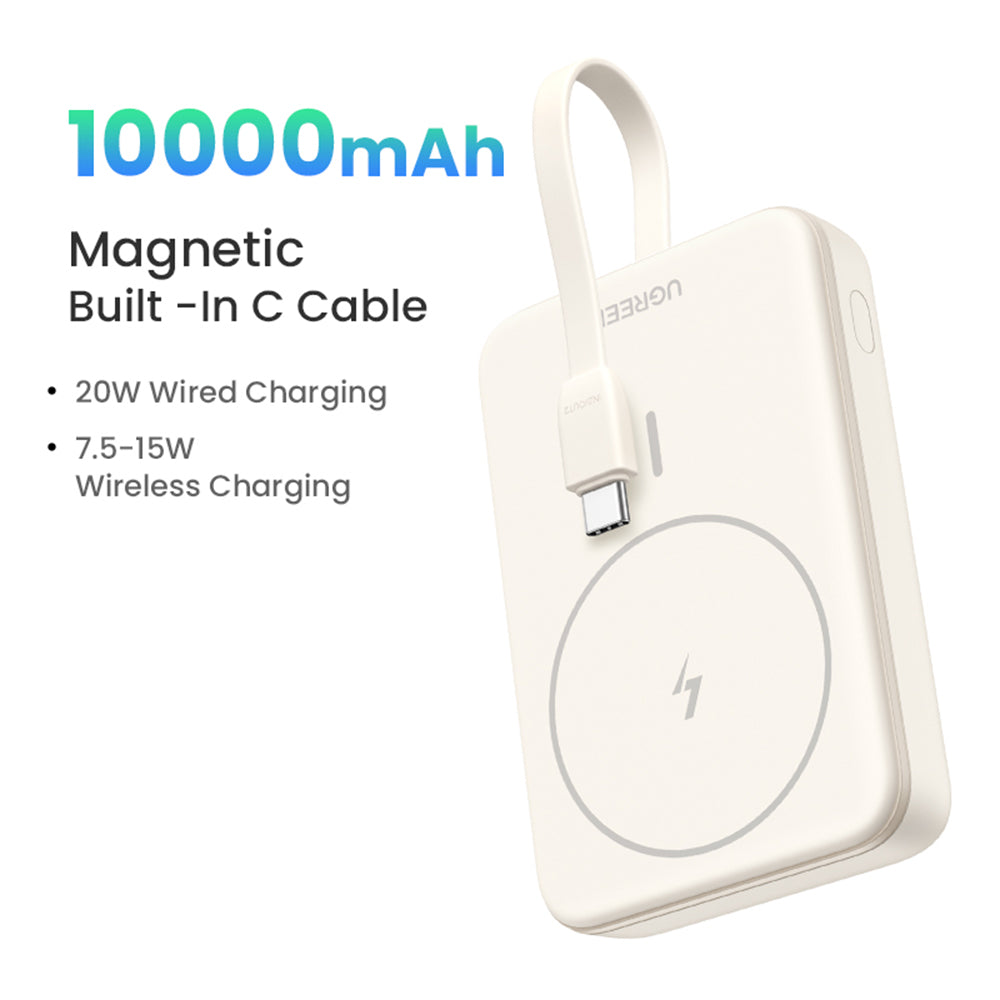 Ekstern trådløs batteri UGREEN PB760, 10000mAh, 20W, PD + FQI, 1 x QI - 1 x USB-C, Beige
