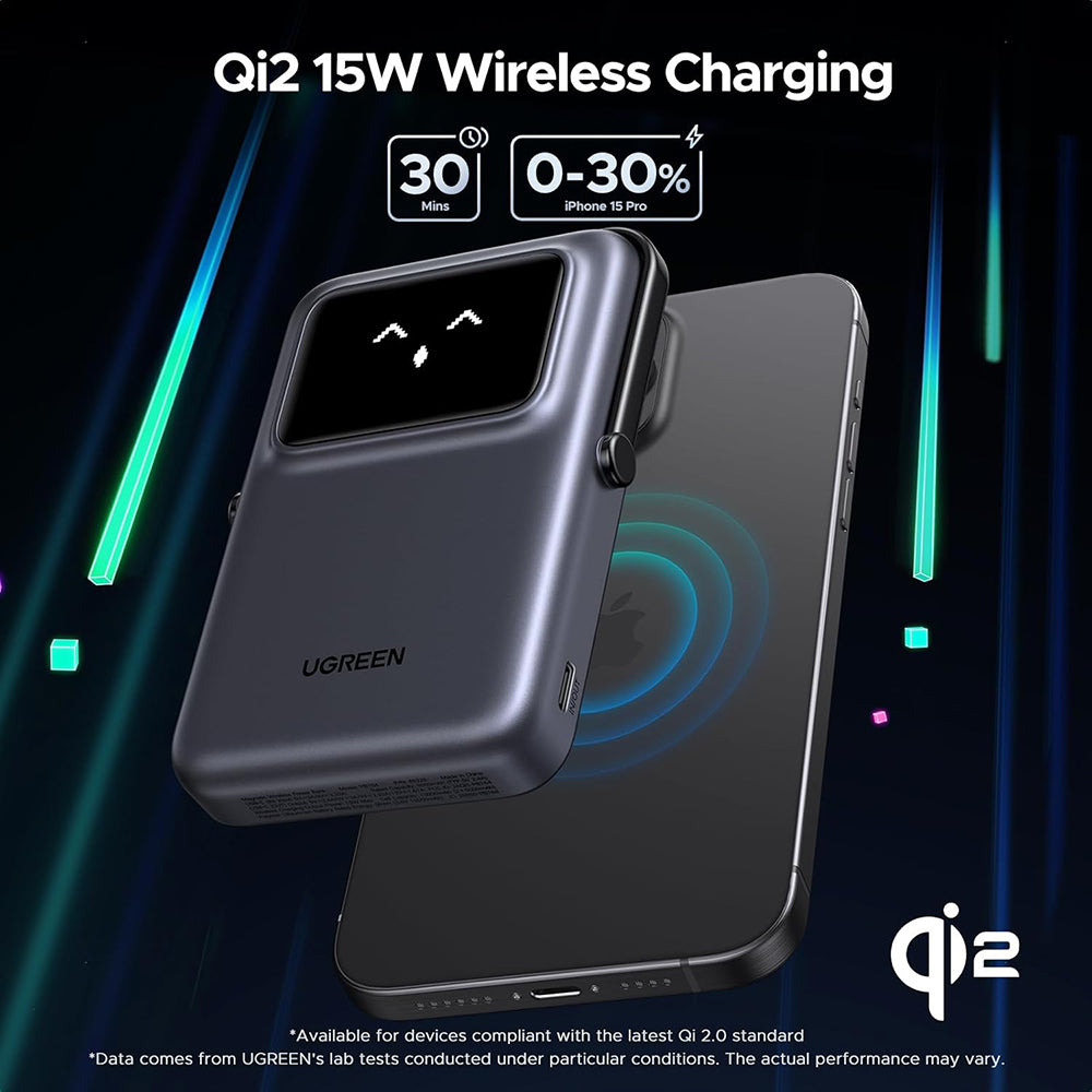 Ekstern trådløs batteri UGREEN PB764 Uno, 10000mAh, 20W, PD + FQI, 1 x QI - 1 x USB-C, Grå