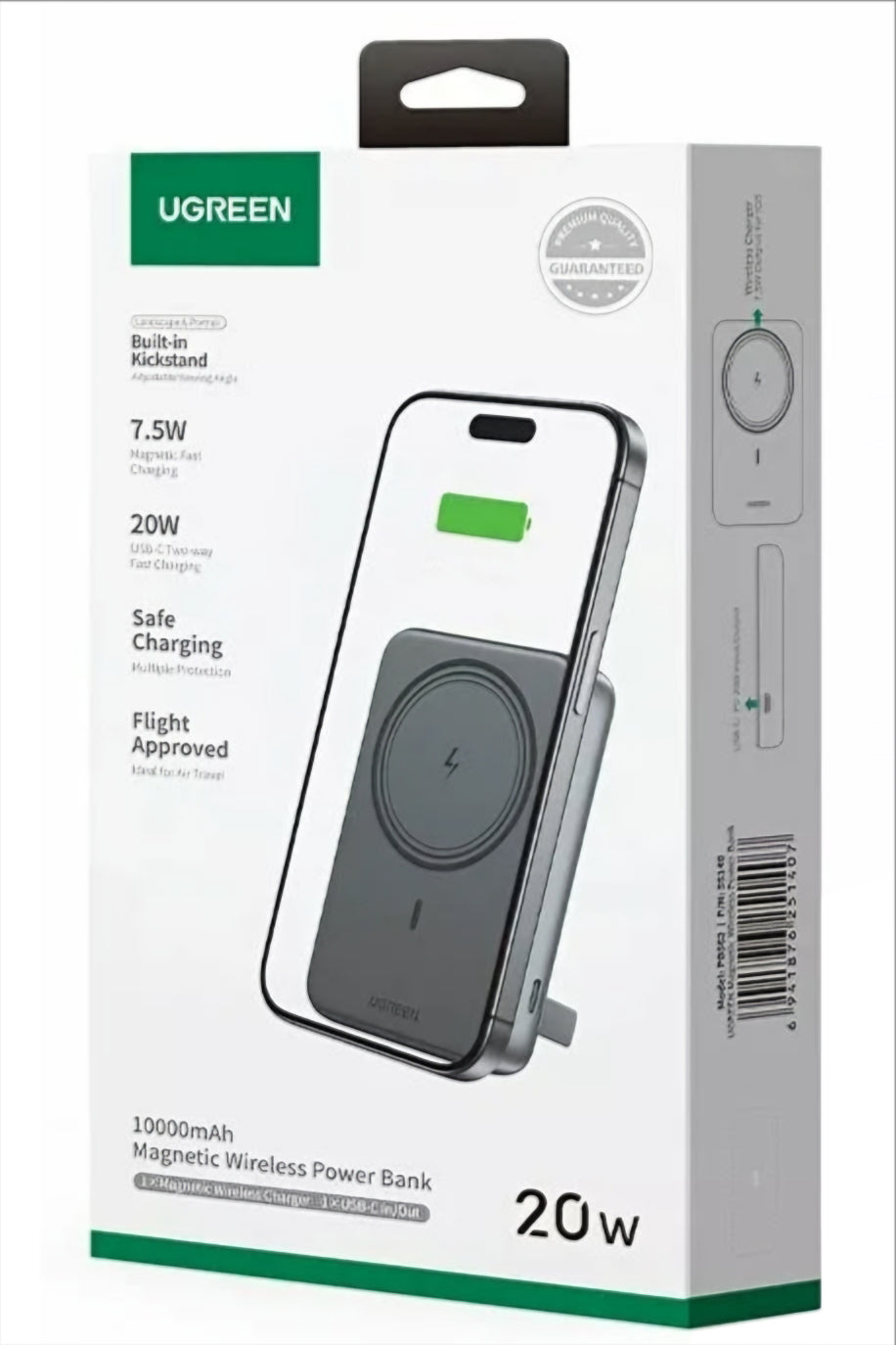 UGREEN PB561 Trådløs Ekstern Batteri, 10000mAh, 20W, PD + FQI, 1 x QI - 1 x USB-C, Svart
