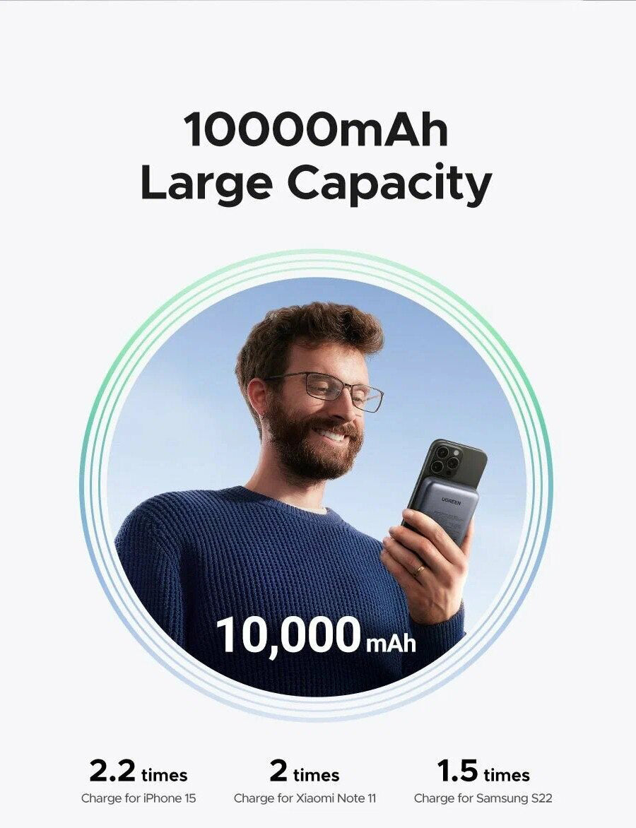 Ekstern trådløs batteri UGREEN PB562, 10000mAh, 20W, PD + FQI, 1 x QI - 1 x USB-C, Svart