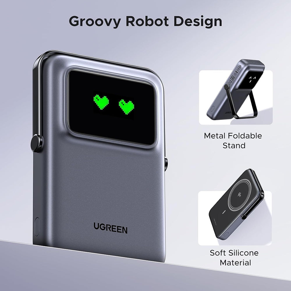 Ekstern trådløs batteri UGREEN PB764 Uno, 10000mAh, 20W, PD + FQI, 1 x QI - 1 x USB-C, Grå