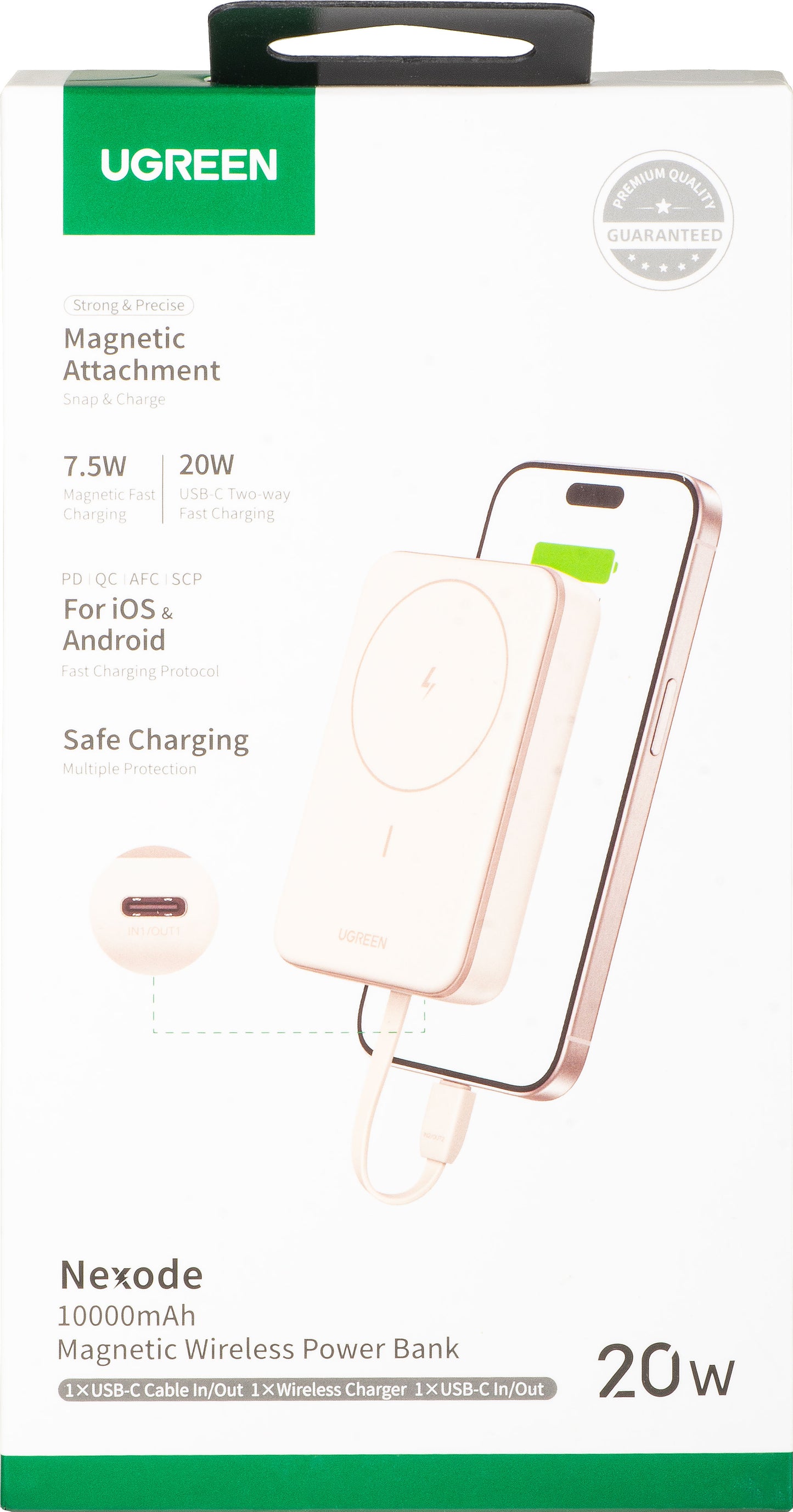 Ekstern trådløs batteri UGREEN PB760, 10000mAh, 20W, PD + FQI, 1 x QI - 1 x USB-C, Beige